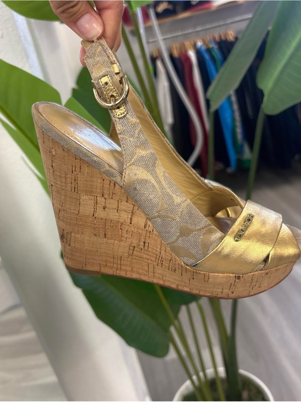 ⭐️Coach Metallic Gold Signature Cork Wedge Sandals